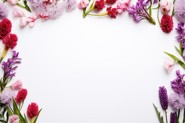 A frame of multicolored flowers on a white background