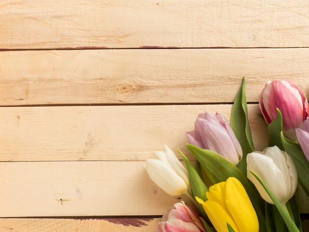 Frame of multicolored tulips on wooden background.