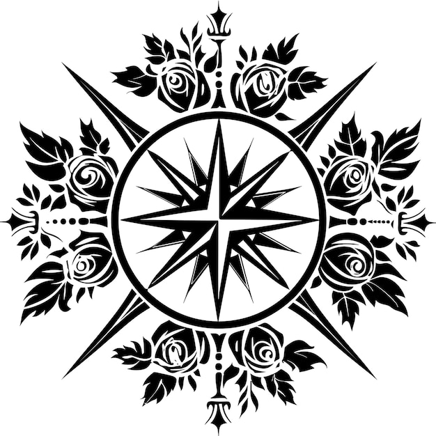 Frame of Nautical Compass Rose Folk Art With Rose Pattern and Directi CNC Die Cut Outline Tattoo