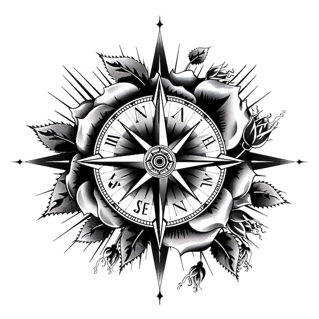 Frame of Nautical Compass Rose Folk Art With Rose Pattern and Directi CNC Die Cut Tattoo Design Art