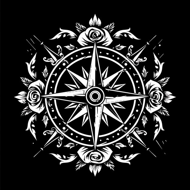 Photo frame of nautical compass rose folk art with rose pattern and directi cnc die cut tattoo design art