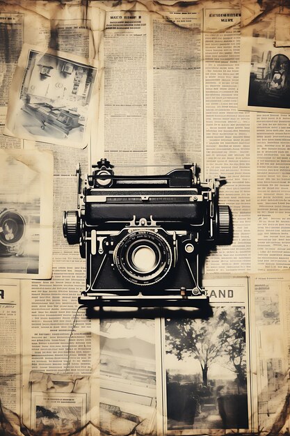 Фото Рама из старинной газеты печатная бумага с ретро-камерой мотив адор декорационная бумага антикварное искусство