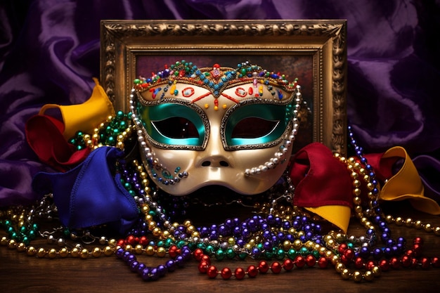 写真 マーディ・グラス・マスクのフレームと ダイヤモンドの形の背景に彩ったマーディ・グラスのビーズ