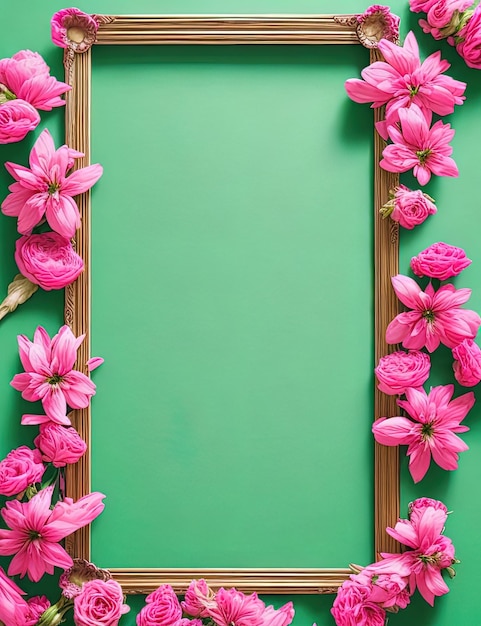 Фото Рамка из розовых цветов на зеленом фоне