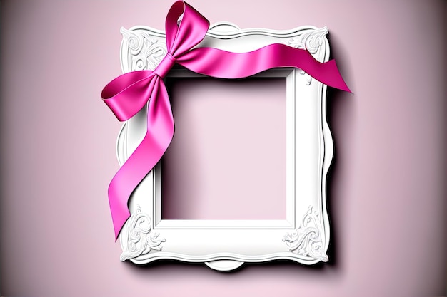 写真 ピンクのリボンと弓のフレーム水彩の手描きの白い背景で隔離のイラスト