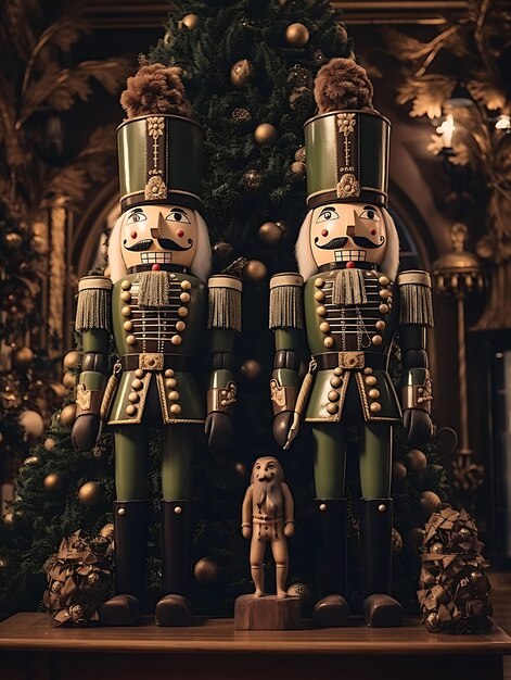 写真 温かみとノスタルジックなクリスマス装飾のコンセプト アイデアを醸し出す素朴な木製くるみ割り人形のフレーム