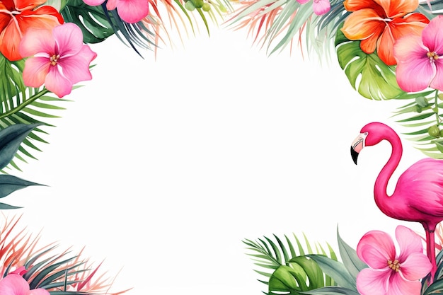 사진 색 배경 에 있는 열대 꽃 과 플라밍고 의 프레임