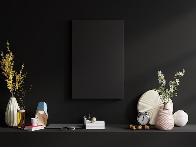 frame op plank in woonkamer interieur op lege donkere muur, 3D-rendering