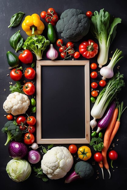 Photo frame of organic food fresh raw vegetables on a black chalkboard