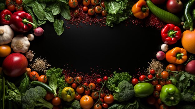 Frame of organic food Fresh raw vegetables with black beans On a black chalkboard Generative AI