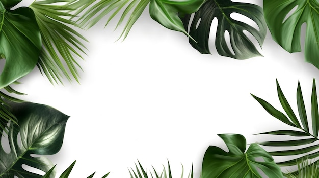 Frame of palm and tropical leaves isolated on a white background
