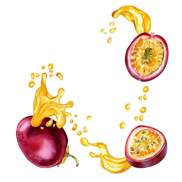 Photo frame of passion fruits and splash juice watercolor illustration isolated on white background