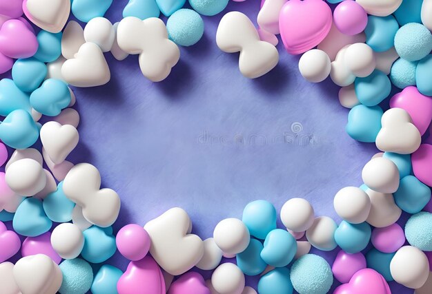 A frame of pastel colored candies with a blue oval in the middle.