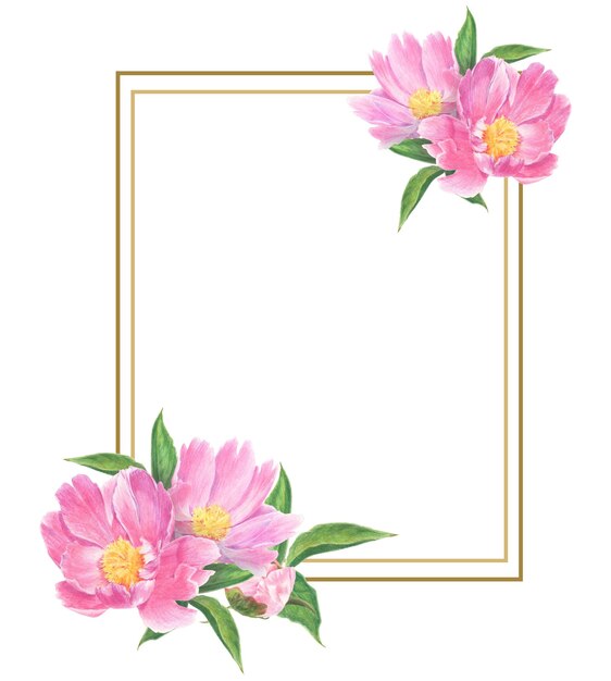 Photo frame of peony flowers and leaves drawn with colored pencils