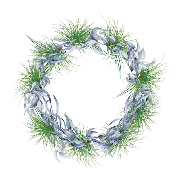 Frame of pine tree branches and blue leaves digital illustration Fir branches in the form of a circular frame Wreath of spruce isolated on white Element for design Christmas invitation wedding