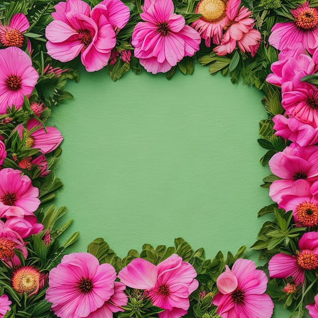 Frame of pink flowers on green background