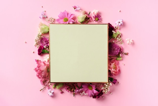 Frame of pink flowers over punchy pastel background. 