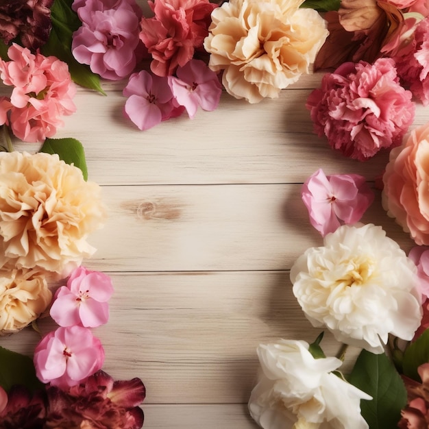 A frame of pink and orange flowers with green leaves on a wooden table.