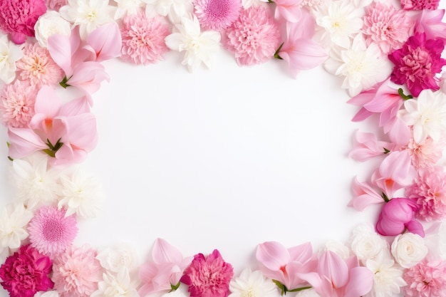 a frame of pink and white flowers with a white background.