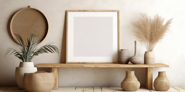 A frame next to a plant on a shelf