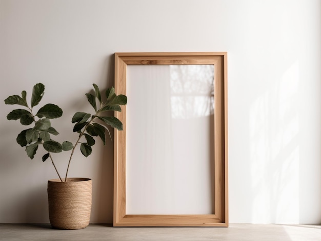 A frame next to a plant on a white wall