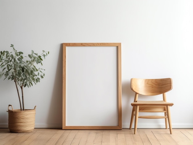 A frame next to a plant on a wooden floor next to a chair.