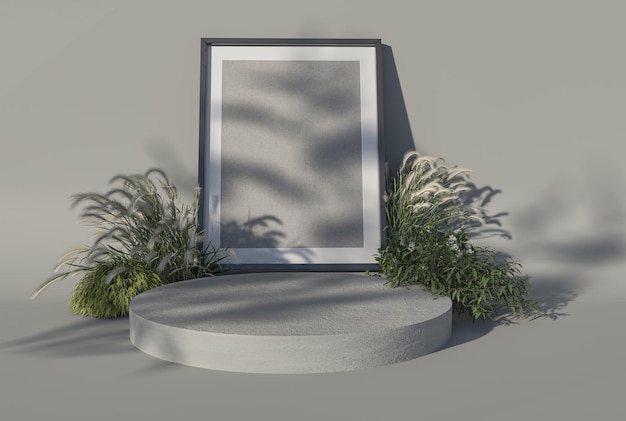Photo frame podium displays background and ornamental plants 3d render