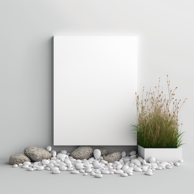 Frame poster mockup in home interior glittery grass and pebbles AI Generaion