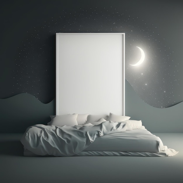 Photo frame poster mockup in home interior glowing moon and a bed of stars ai generaion