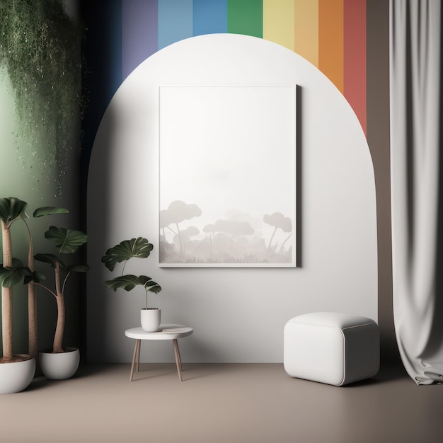 ホームインテリアの魔法の森と夢の虹のフレームポスターモックアップ AIジェネレーション