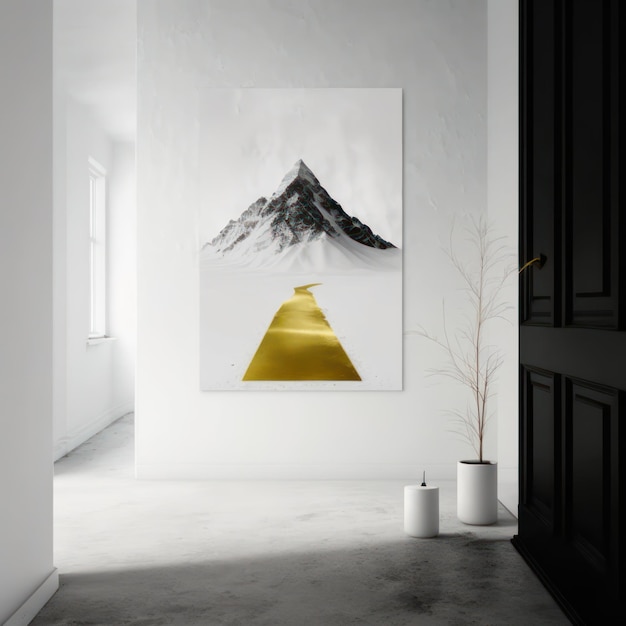 Frame poster mockup in home interior mountain of secrets and a path of gold AI Generaion