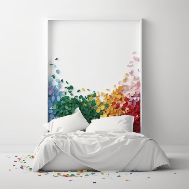 Frame poster mockup in home interior rainbow of colors and a bed of petals AI Generaion