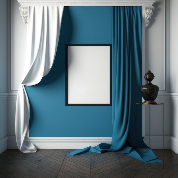 Frame poster mockup in home interior wrought iron and blue drapery AI Generaion