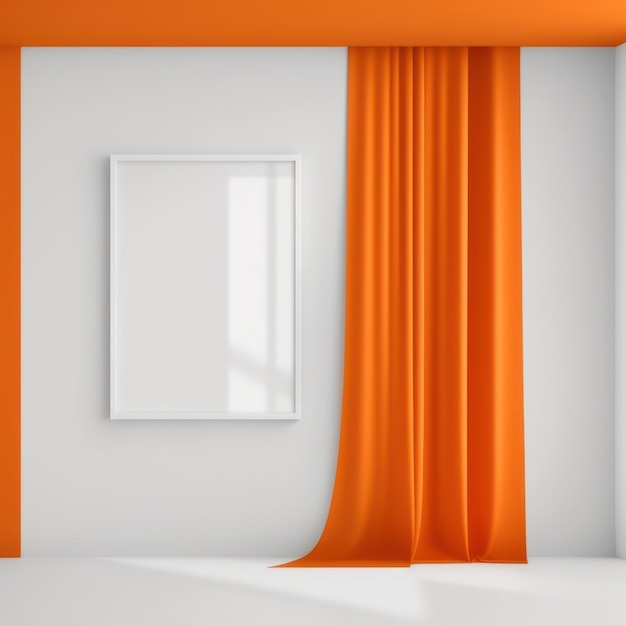 Фото Макет постера в рамке в домашнем интерьере, стеклянные окна и оранжевые шторы ai generaion