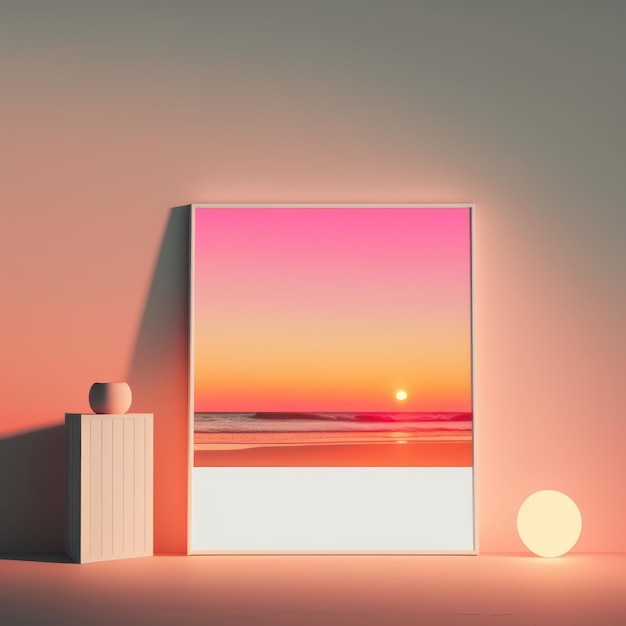 Frame poster mockup in interieur gloeiende oranje en roze zonsondergang over een strand AI Generaion