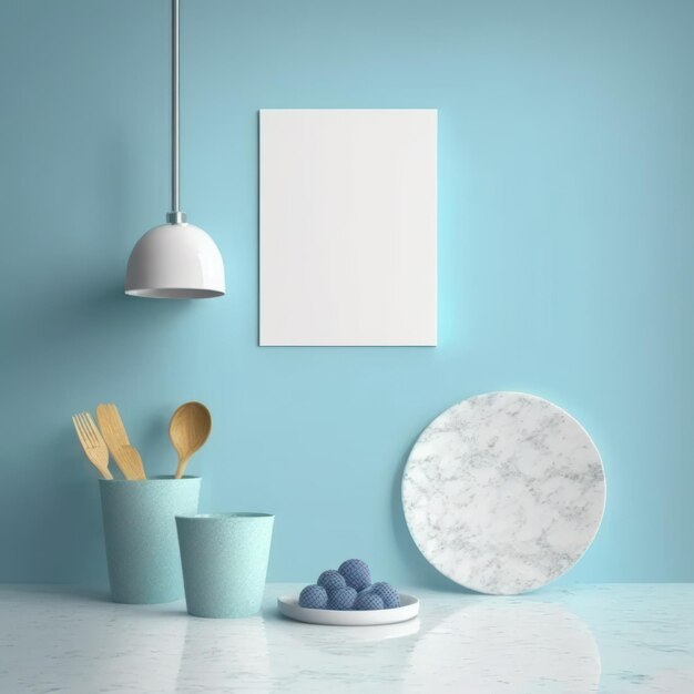 Frame poster mockup in interieur marmeren toonbank en blauwe platen AI Generaion