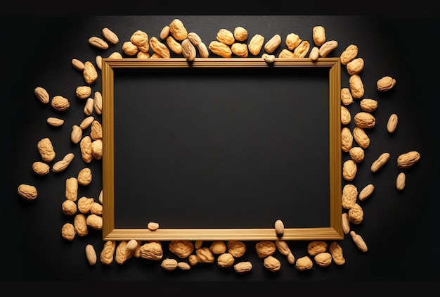 Frame of raw and fried peanuts in top view on a black background with a copy space