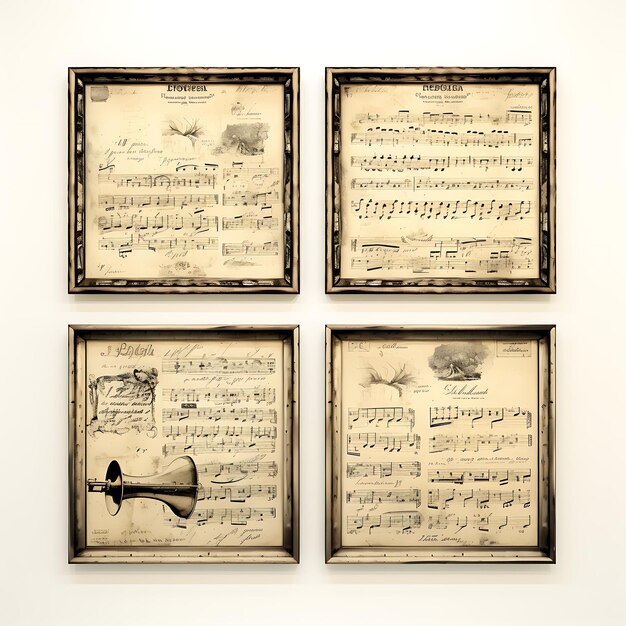 Frame of Recycled Music Sheet Paper With Aged Sepia Tones Vintage Ins 2D Flat on White BG Wall Art