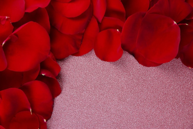 Frame of rose petals on pink background close-up