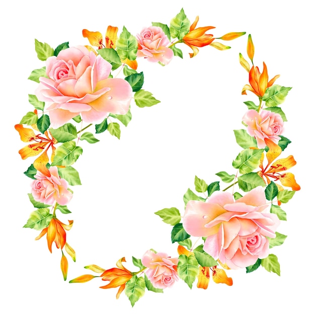 Рамка из роз и лилий Акварельная иллюстрация Цветы Ботаника Украшение дома
