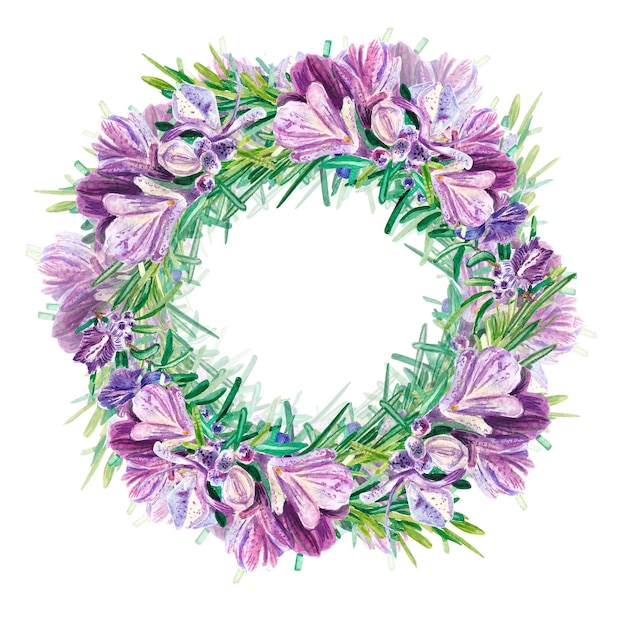 白い背景の上に大きな紫色の花とローズマリーで丸いフレーム花と小枝植物性プロバンスハーブを調理するためのスパイスの水彩イラストポストカードのデザインに適しています