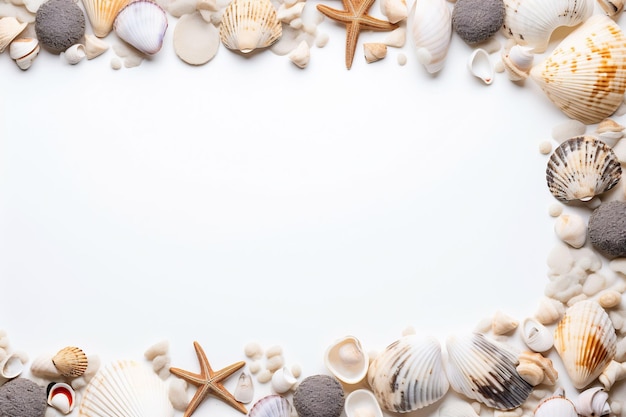a frame of sea shells and a blank white background with a frame for a photo of a beach scene.
