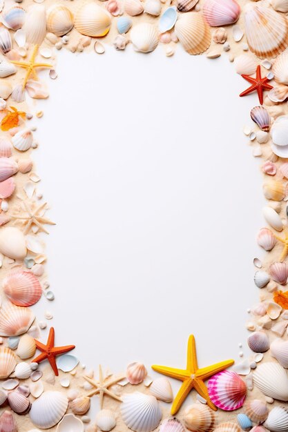 a frame of sea shells with a frame that says beach in the middle.