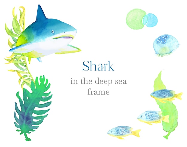 A frame of a shark in the deep sea painted in watercolor