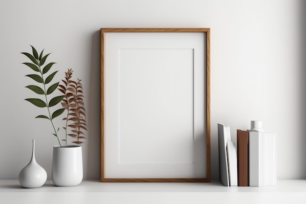 A frame on a shelf with books and a plant