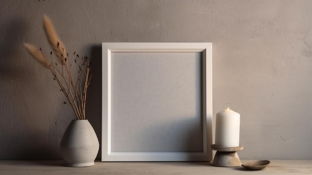 A frame on a shelf with candles and a candle