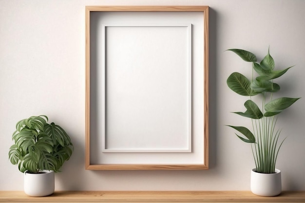 A frame on a shelf with a plant next to it