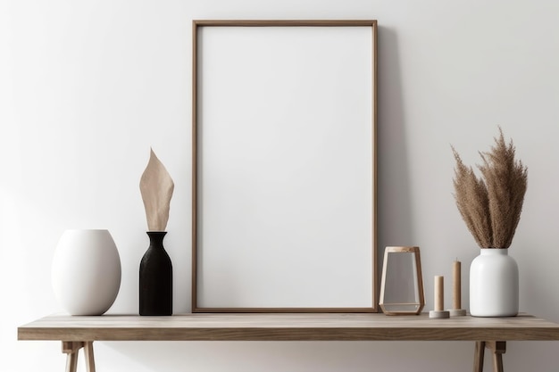 Frame on a shelf with a vase and a vase on the table.