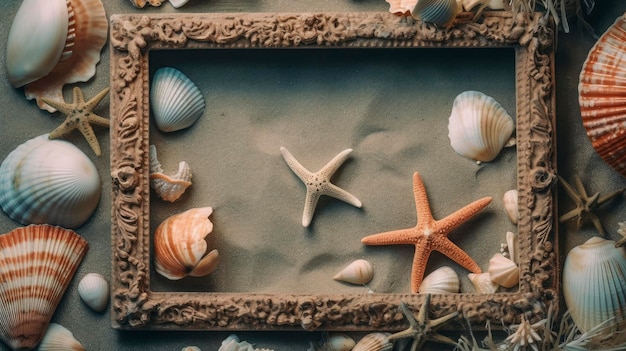 A frame of shells and starfish on a table