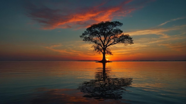 Frame a shot of a solitary tree standing proudly against the backdrop of a vibrant sunset and its